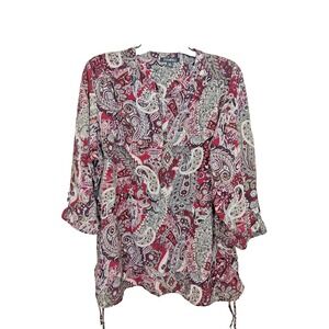 Roz Ally 2x Top Paisley Print 3/4 Sleeves Pullover Gauze Texture Hippie Bohemian